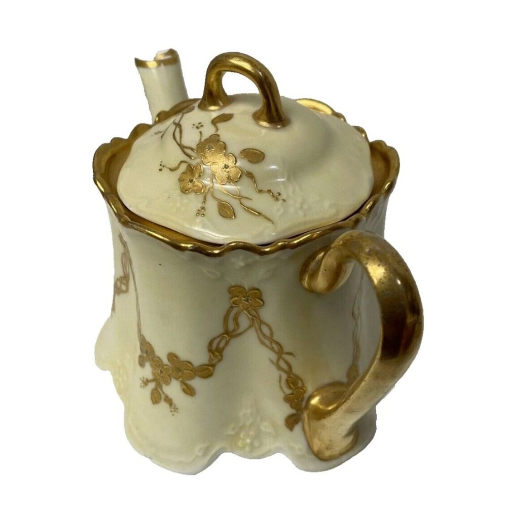 Porcelain White Gold Floral Theme Teapot Bavaria Glossy Painted‎ 5 1/2" x 7 1/2"